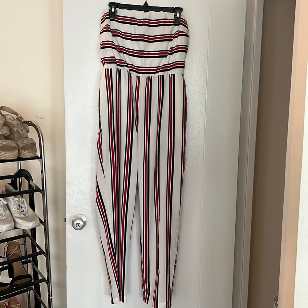Express strapless red black and white stripe jumpsuit